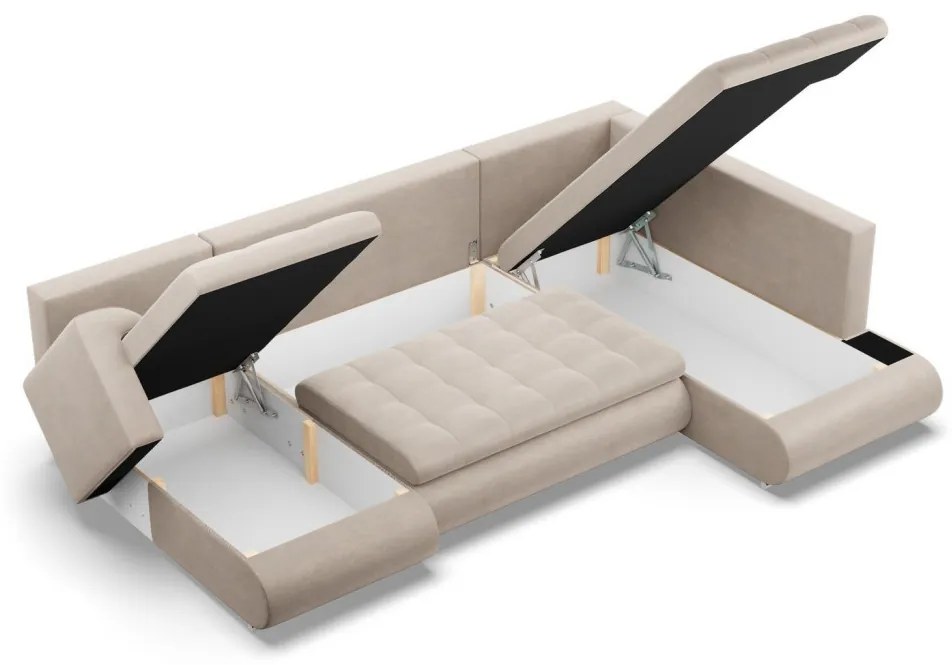 Tokio U sarokkanapé, 3 ágyneműtartóval, bársony, jobboldali, bézs