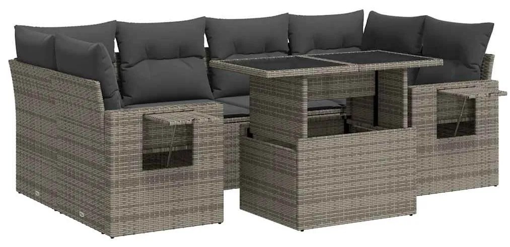 7 részes szürke polyrattan kerti ülőgarnitúra párnákkal