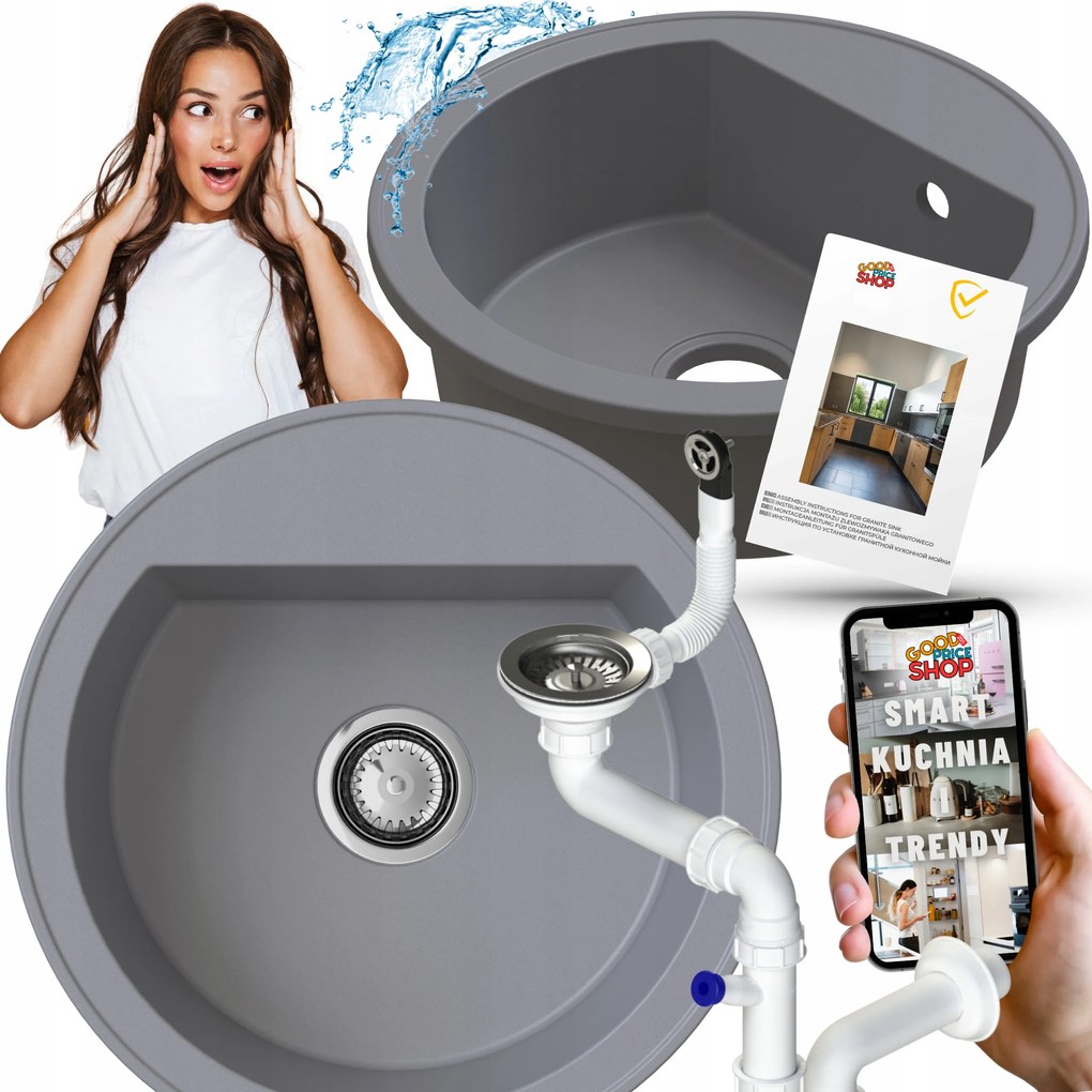 Mosogató Egymedencés Mosogató Kerek Gránit Szürke Konyhai+ Szifon 6in1