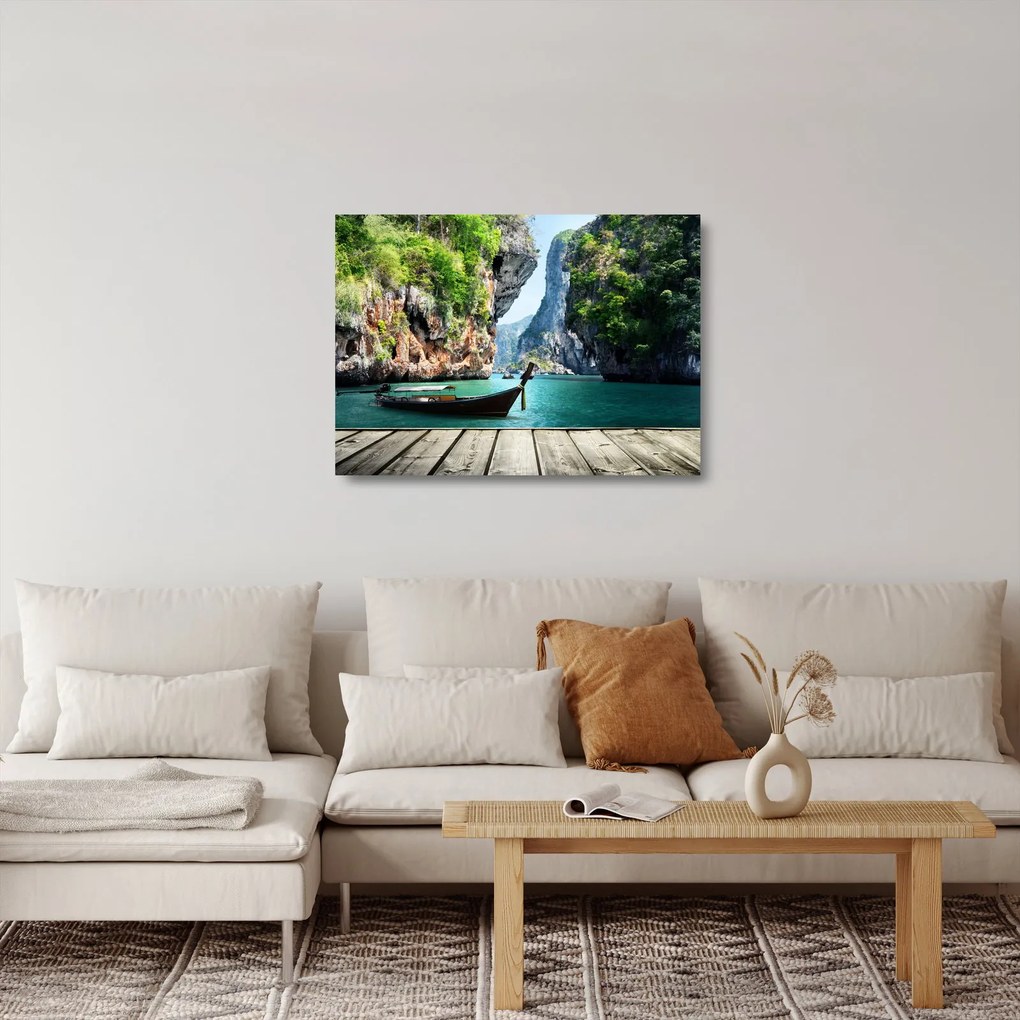 Üveg kép - Víz mediterrán táj csónakkal (70x50 cm)