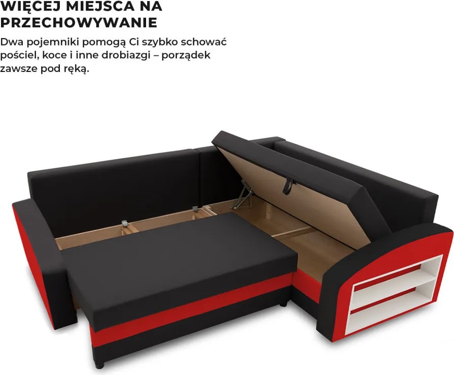 Grande sarokkanapé polcokkal , polc a jobb karfaban, jobboldali, szövet anyag, bonell töltet, fekete - piros