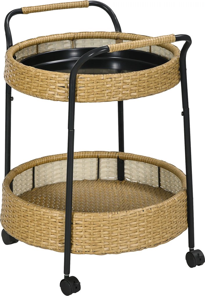 Outsunny Rattan Szervíz Kocsi 2 Polccal, Kerti Görgős Kocsi, Kerek Konyhai Kocsi Fogantyúkkal, Kültéri Bár Kocsi Erkélyhez, Acél Váz, Természetes, Φ50