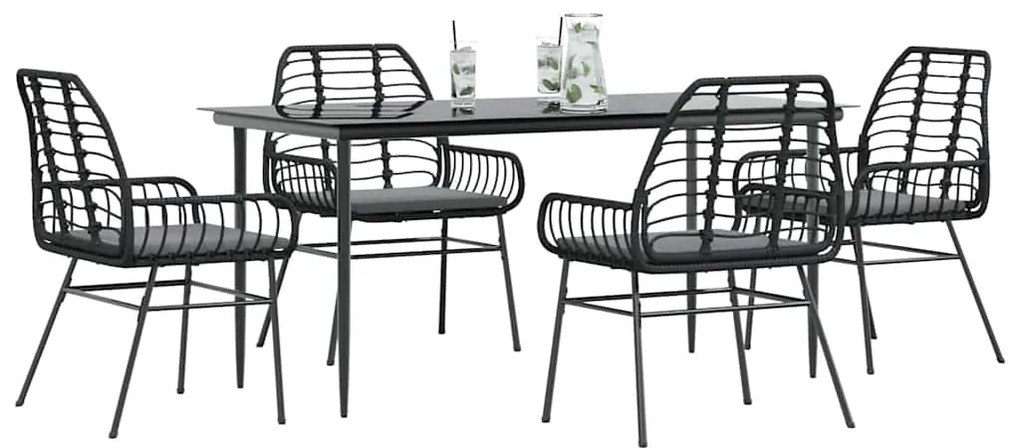 vidaXL 5 részes fekete polyrattan üveg kerti étkezőgarnitúra párnákkal