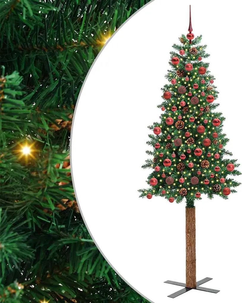 vidaXL Karcsú karácsonyfa 300 LED-del Zöld 180 cm PVC és tömör fenyőfa