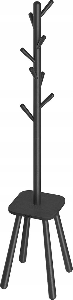 Magas fekete ruhaakasztó polccal 8 lekerekített akasztóval 170,5 cm