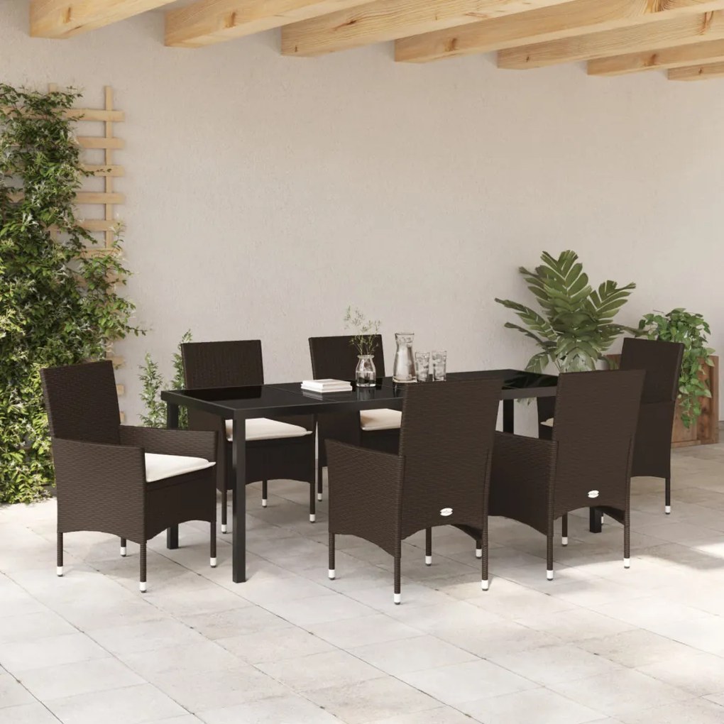 7 Darabos Kerti Étkezőkészlet Párnákkal Barna Poli Rattan, Kerti Asztal Fekete 200x80x73 cm Edzett Üveg