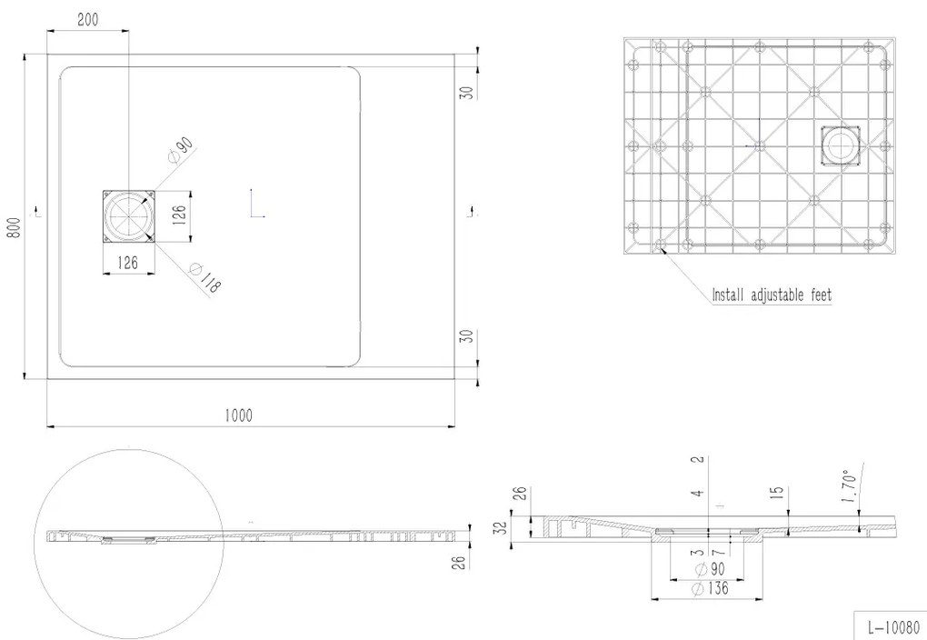 Erga Hyper, SMC zuhanytálca 100x80x2,6 cm + szifon, fekete matt, ERG-V06-SMC-8010S-BK