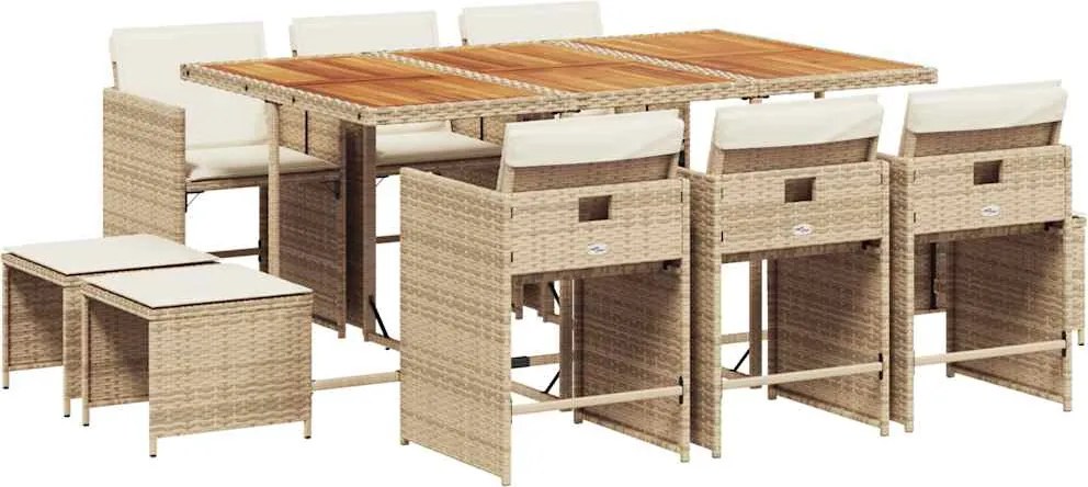 vidaXL 11 részes bézs polyrattan kerti étkezőgarnitúra párnákkal