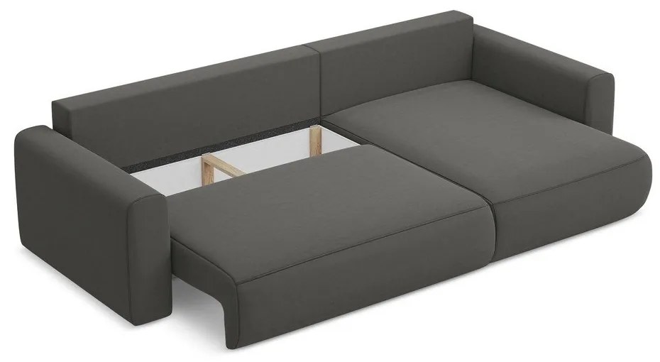 Sötétszürke bársony kinyitható-tárolóhelyes sarokkanapé (jobb oldali-heverő résszel) Kapua – Makamii