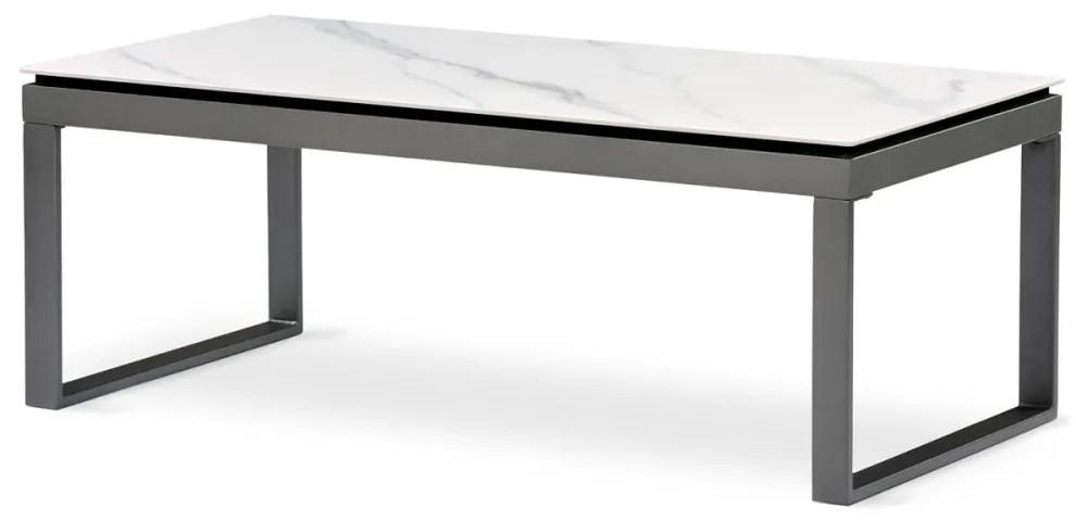 Măsuță de cafea din ceramică cu efect de marmură albă și picioare metalice gri. Dimensiuni: 120x60cm. AHG-284