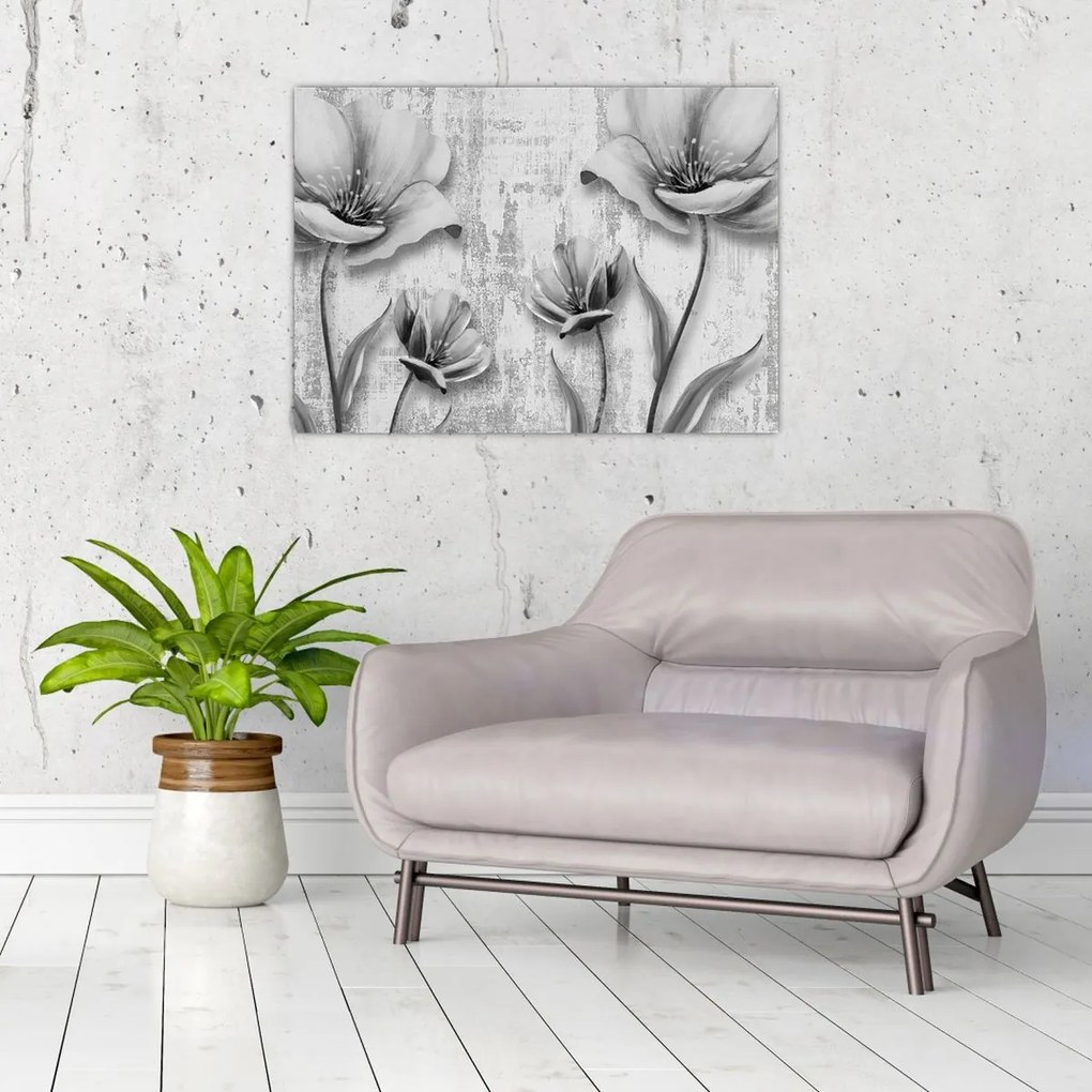 Üveg kép - Fekete-fehér virágok a háttérben (70x50 cm)