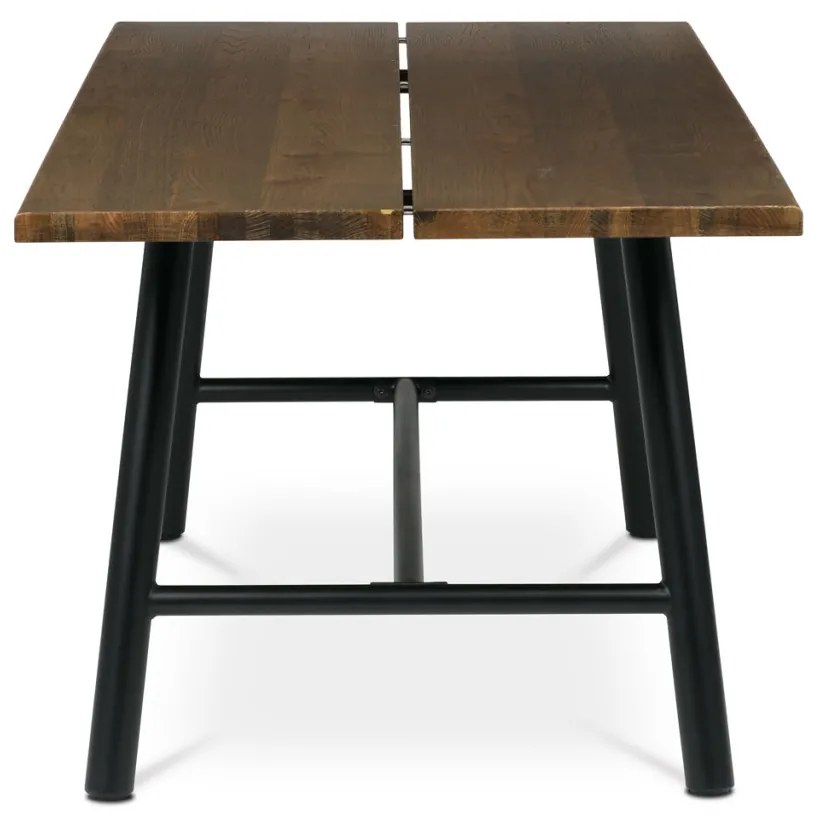 Masă de sufragerie, 220x90cm, furnir, culoare nuc, picioare din metal negru
