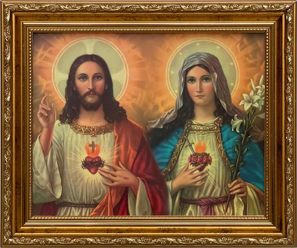 Vászonkép 26x31 Jézus És Mária Szíve Jézus Krisztus Mária Arany Díszített Keret