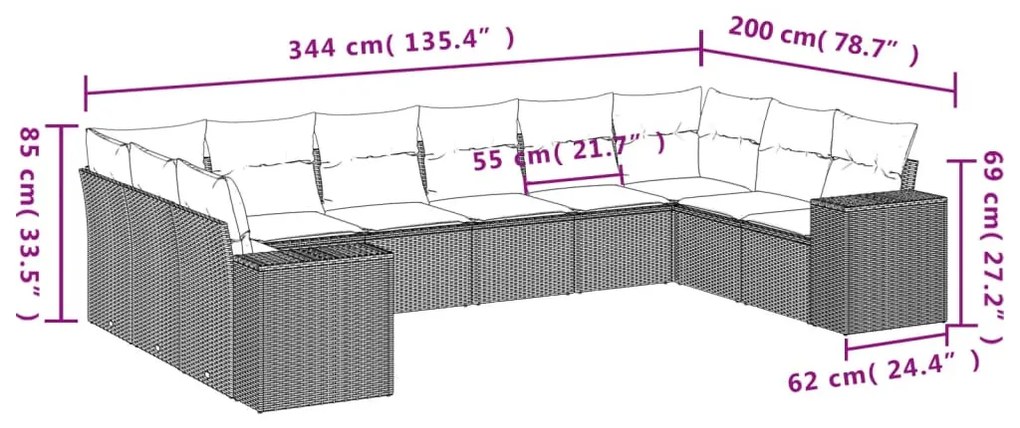 10 részes barna polyrattan kerti ülőgarnitúra párnákkal