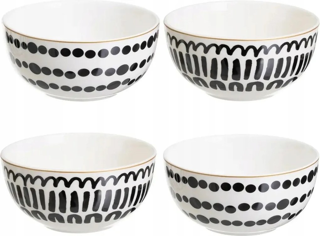 Lyne porcelán tál szett 4x700 ml, fehér-fekete levesestálak