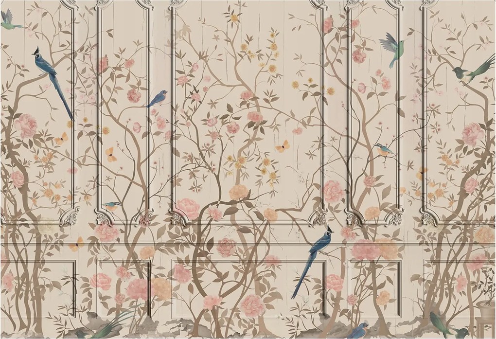 Flizelin tapéta Divatos 3D fali ragasztó Madarak és virágok 152x104 Ragasztó