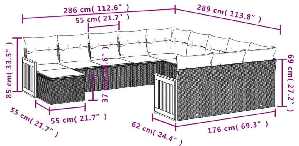 12 részes fekete polyrattan kerti ülőgarnitúra párnákkal