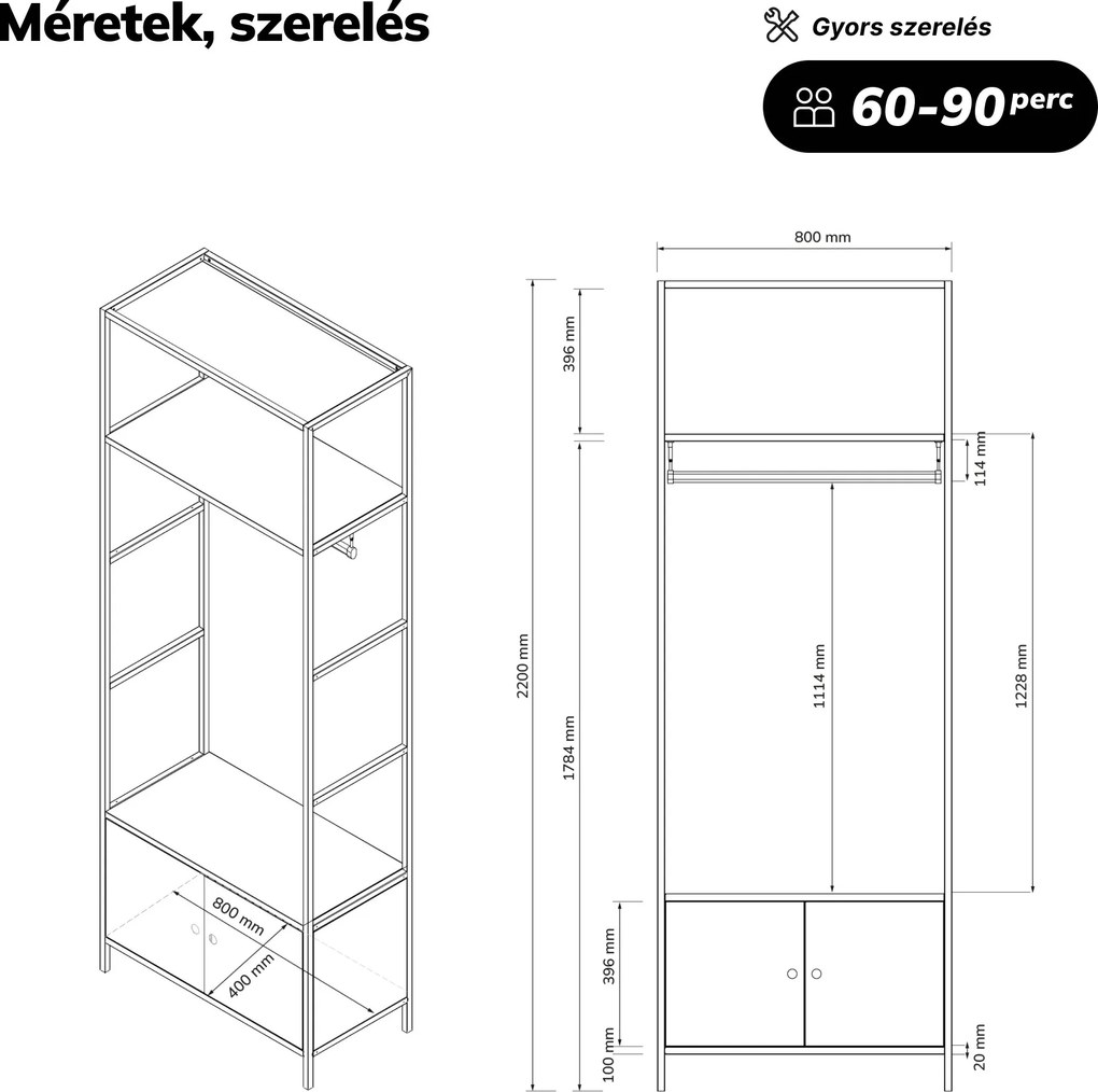 Irodai polc nyitott ruhaakasztó rúddal, recepcióra és váróterembe, fém, fehér/sonoma tölgy, 800x2200x400 mm: ARIEL Eco Design