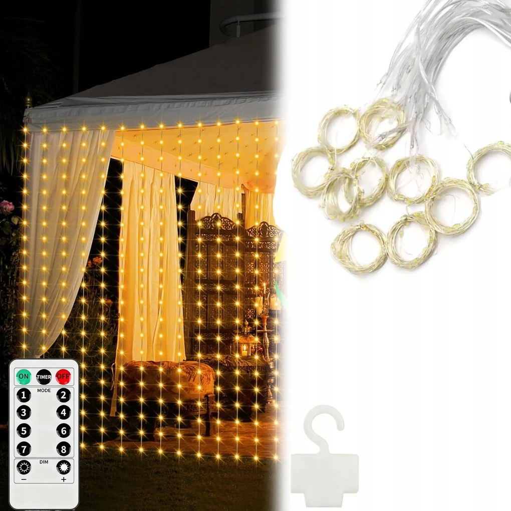 Fényfüggöny 300 Led Fehér Meleg Girland Lámpák 3x3m Usb +távirányító