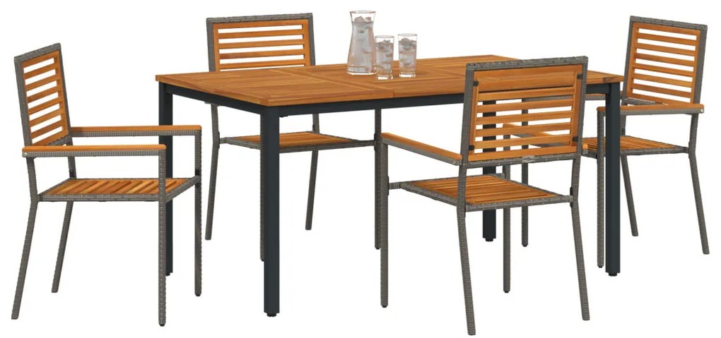 5 Részből Álló Kerti Étkező Szett Szürke Polyrattan Akác, Egymásra Rakható Kerti Székek párnákkal 2 db Szürke Polyrattan, Kerti Asztal 150x90x75 cm Szilárd Akácfa és Fém