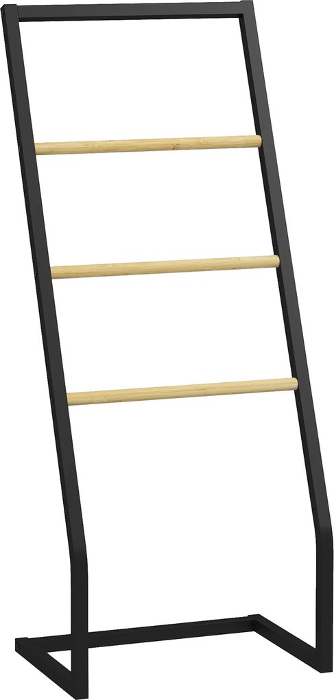 HOMCOM Önálló Törölközőtartó Fürdőszobába 4 Bambusz és Acél Rúddal 40,5x28x98 cm Fekete és Natúr | Aosom