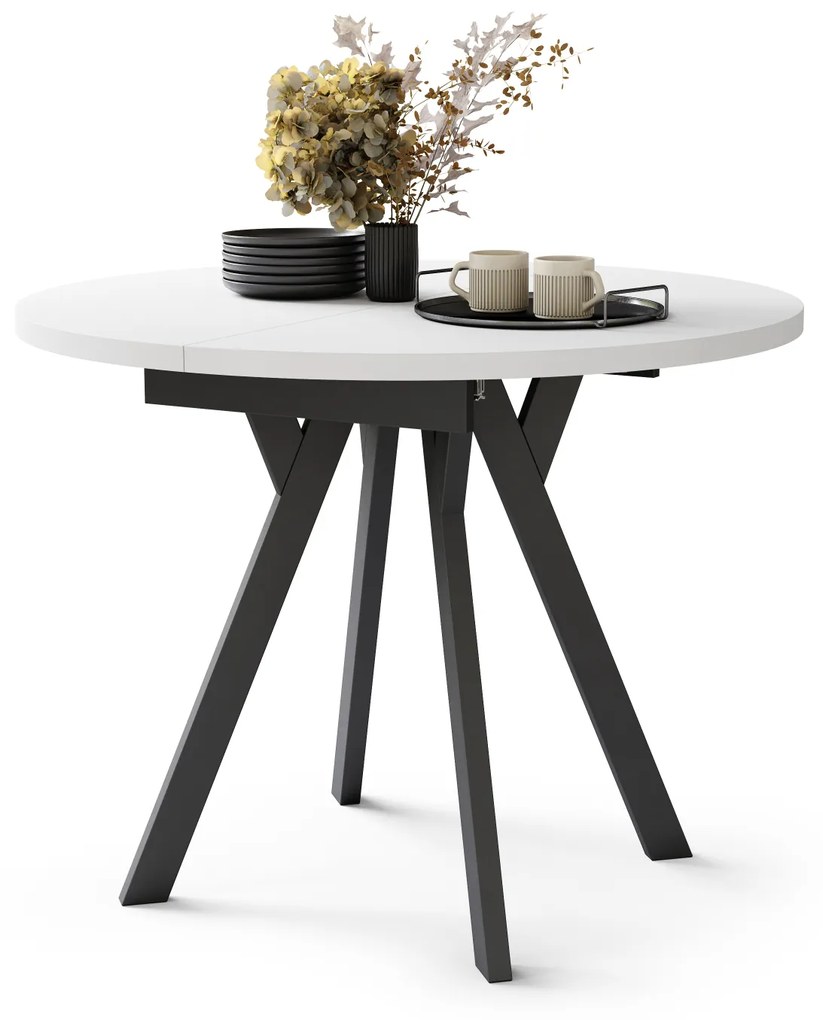 Mazzoni ALMO Fehér Matt/fekete lábak - BŐVÍTHETŐ KEREK ASZTAL Y ALAKÚ LÁBAKKAL LOFT/IPARI STÍLUSÚ NAPPALIBA/ÉTKEZŐBE