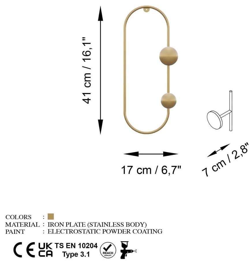 Aranyszínű fém fali fogas Dama – Kalune Design