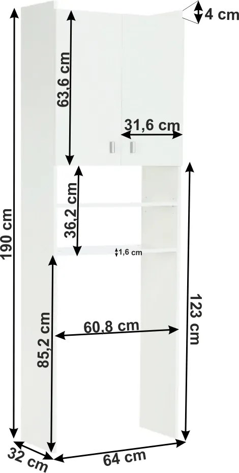 Szekrény a mosógép fölé, fehér, NATALI
