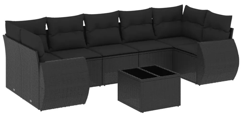 8 részes fekete polyrattan kerti ülőgarnitúra párnákkal