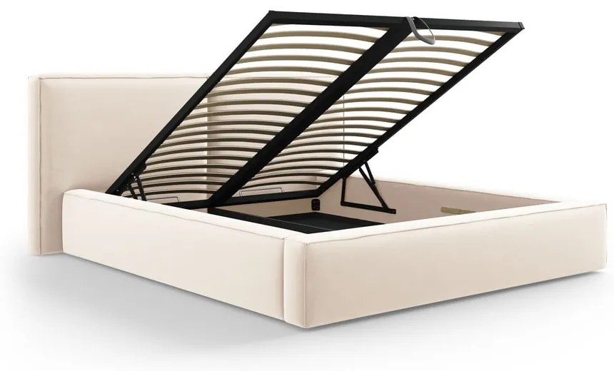 Krémszínű bársony kárpitozott ágyneműtartós franciaágy ágyráccsal 200x200 cm Arendal – Cosmopolitan Design