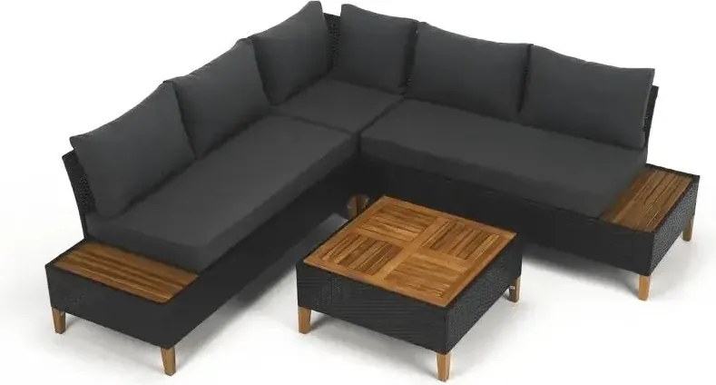 Kerti rattan szett, akácfa, fekete/szürke/természetes, MALKOM