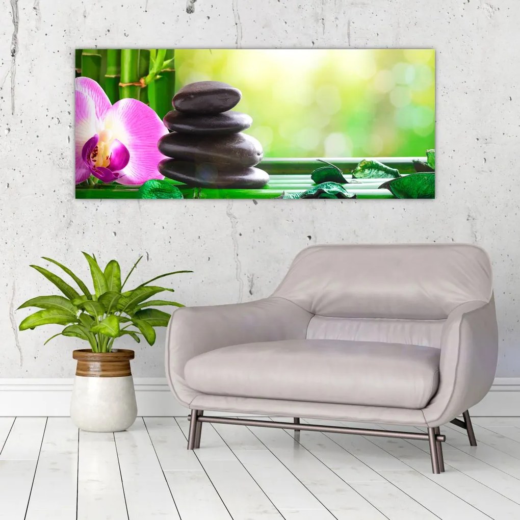 Kép a masszázs kövek és orchideák a vízen (120x50 cm)