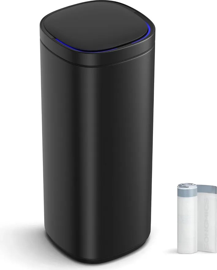 Fürdőszobai szemetes tetővel, 8L, kis helyekre, Soft Close, acél, fekete