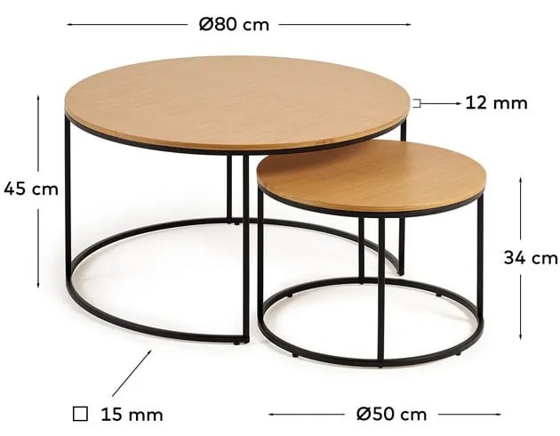 Kerek dohányzóasztal szett tölgyfa dekoros asztallappal, 2 db-os ø 80 cm Yona - Kave Home