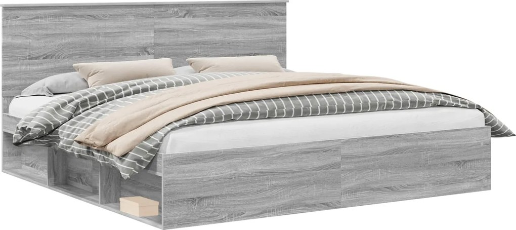 vidaXL Ágykeret fejtámlával Szürke Sonoma 200 x 200 cm Tömör fenyőfa