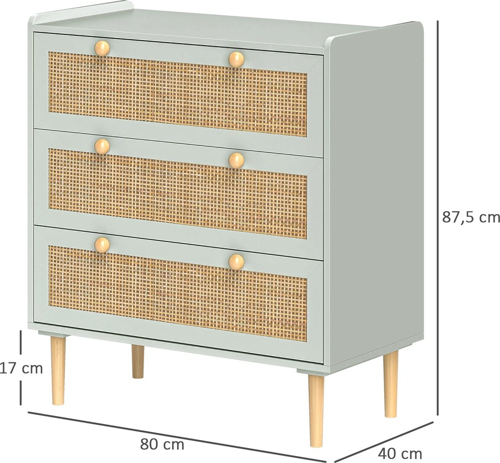 HOMCOM 3-Fiókos Komód Bohemian Stílusban, Fából készült Rámával, Rattan Dresser a Hálószobába, Nappaliba, Előszobába, 80 x 40 x 87,5 cm, Olívazöld | A