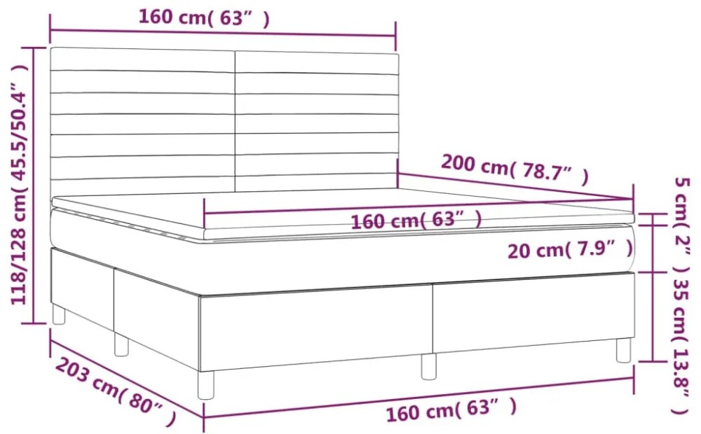 sötétszürke bársony rugós és LED-es ágy matraccal 160x200 cm