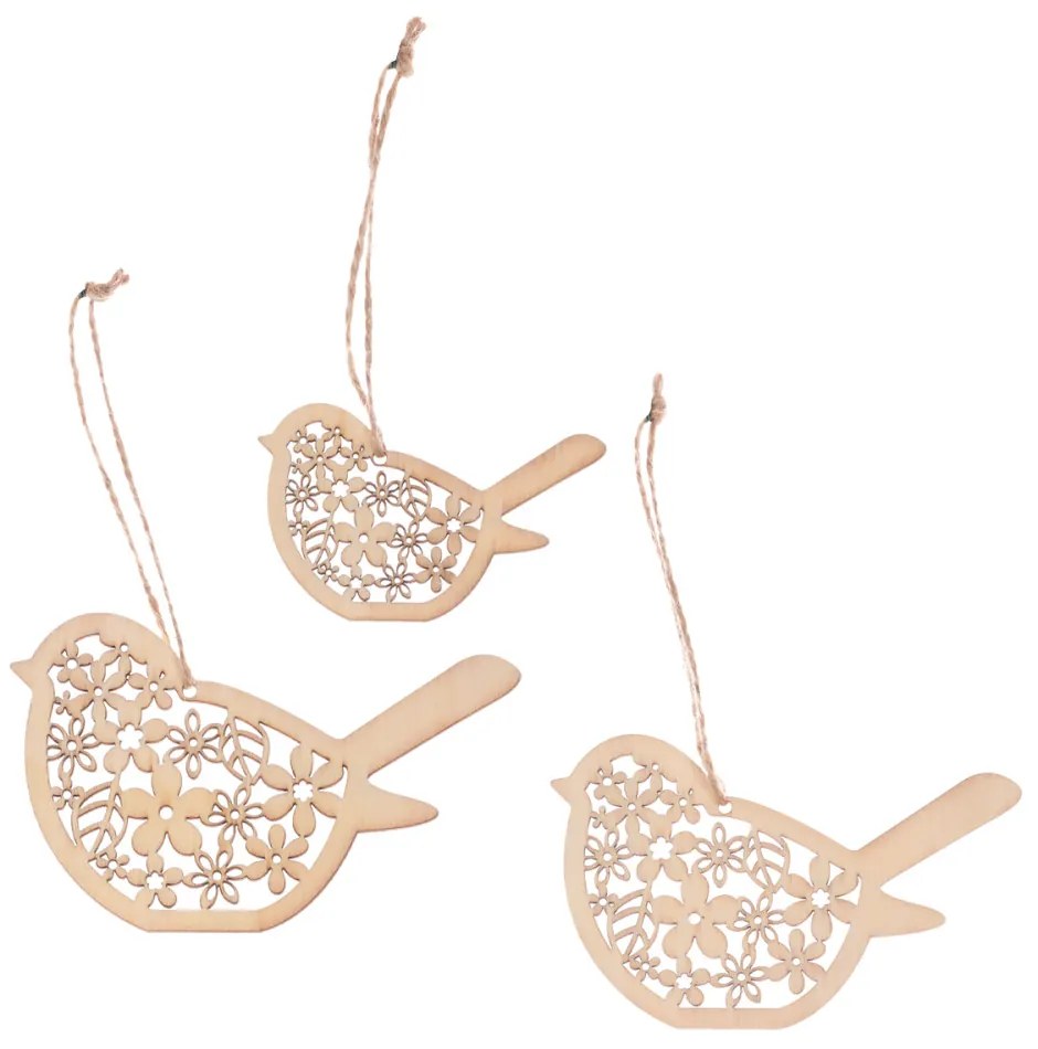 FÜGGESZTHETŐ KISMADARAK, FÁBÓL KÉSZÜLT TAVASZI DEKORÁCIÓ VIRÁG MINTÁVAL, NATÚR FA SZÍNBEN. 3 DB-OS CSOMAGBAN.