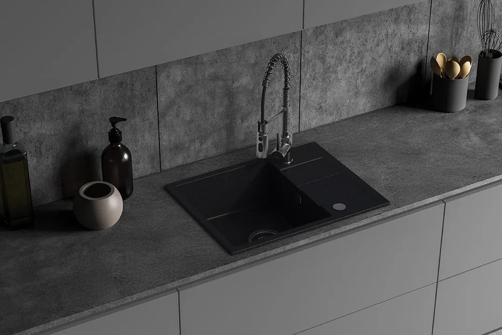 Kuchinox Laut, 1 rekeszes gránit mosogató 560x440x174 mm + szifon, fekete pettyes, LAV-SBZ_713Y