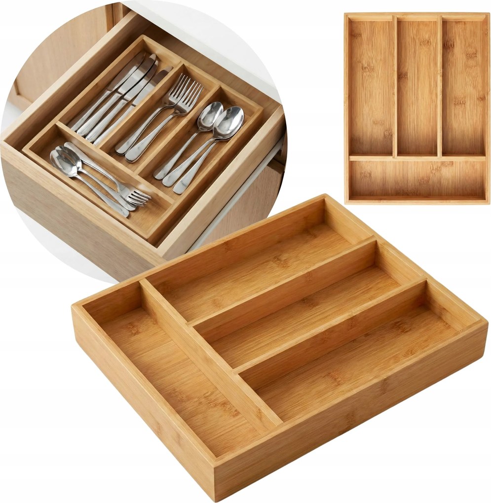 Bambusz evőeszköztartó 34×25×4,5 cm-es fiókhoz, 4 rekeszes