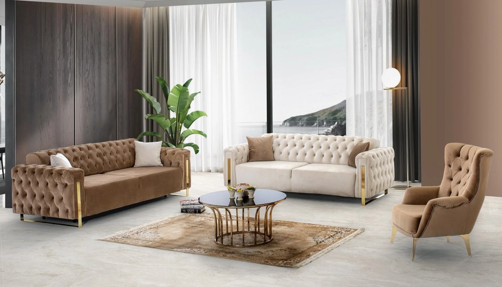 DANA Gold chesterfield kanapé, elektromosan ágyazható, bézs bársony