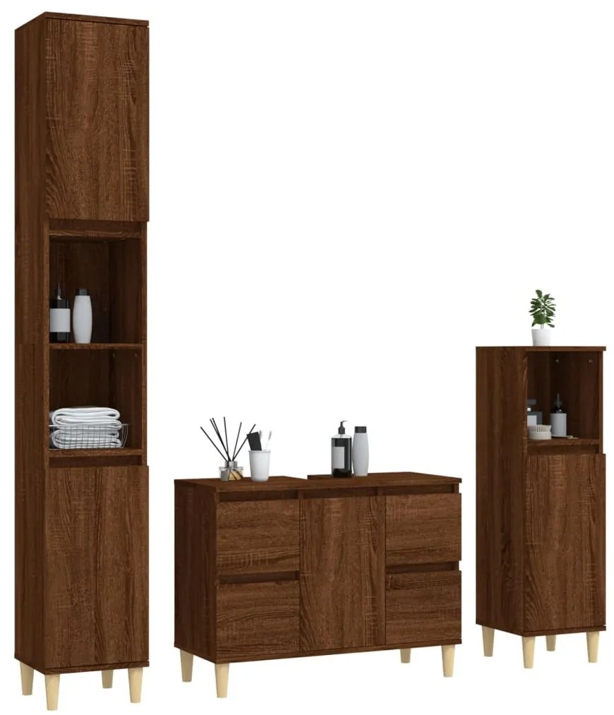 3 részes barna tölgy színű szerelt fa fürdőszobai bútorszett