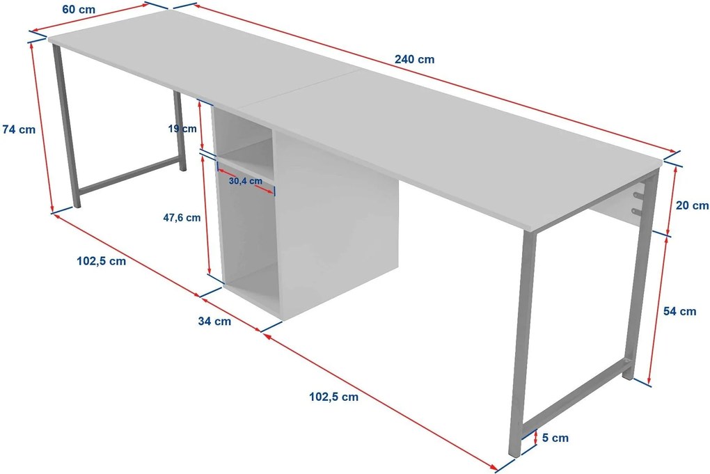 Kétszemélyes tanulóasztal polcokkal – Atlantic Pine & Fekete, 240 cm