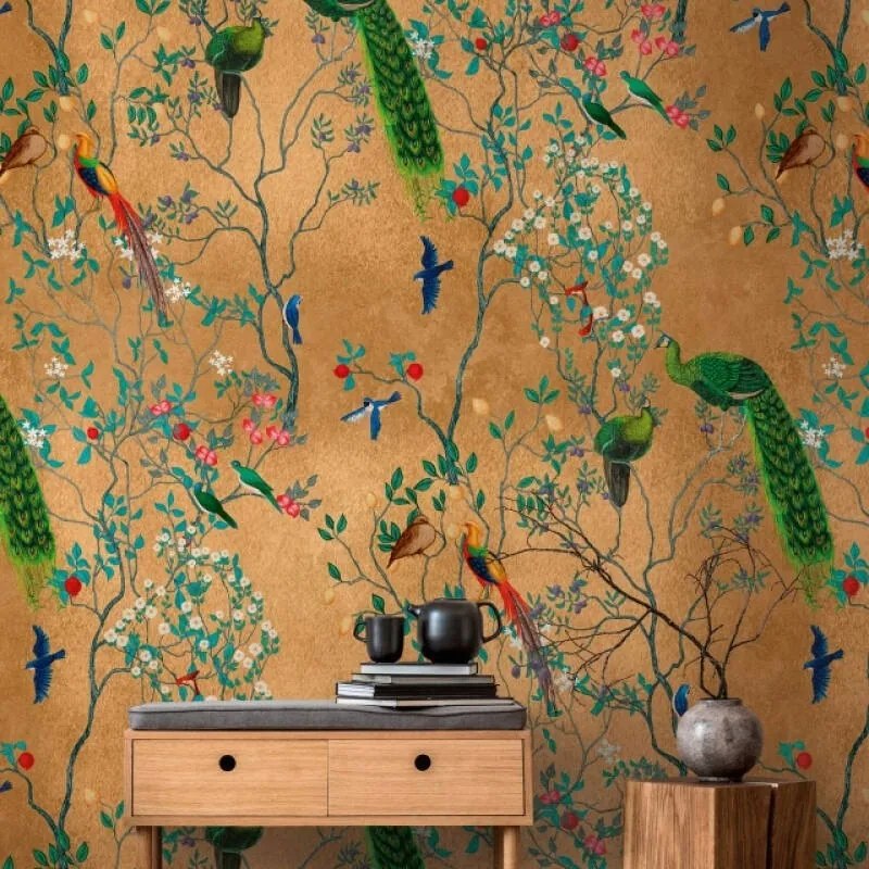 Keleti stílusú falfestmény Botanikus fotótapéta az ágban Madarak Flizelina
