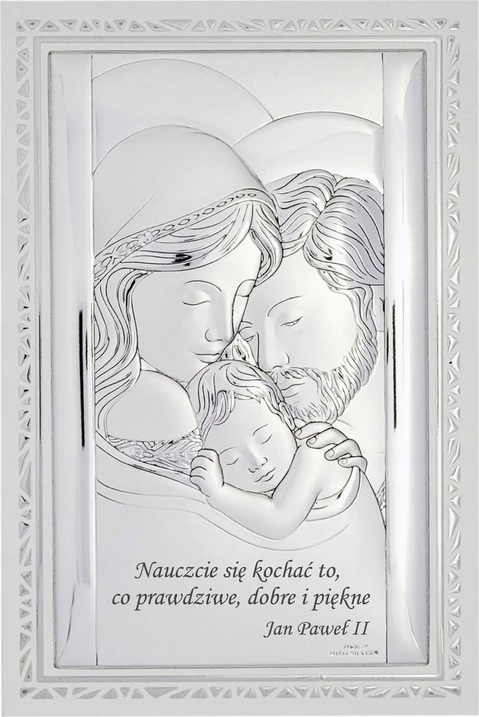 Ezüst kép Szent Család modern fehér panelen 11.5x17.5 cm