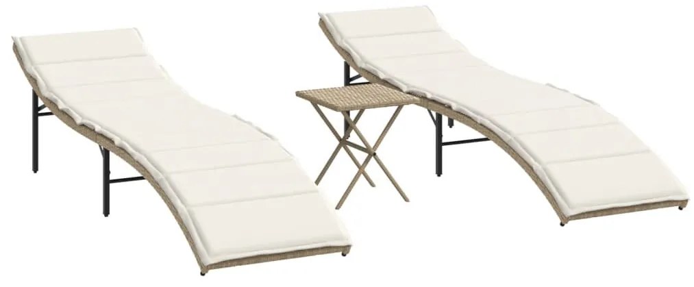 2 db bézs polyrattan napozóágy asztallal
