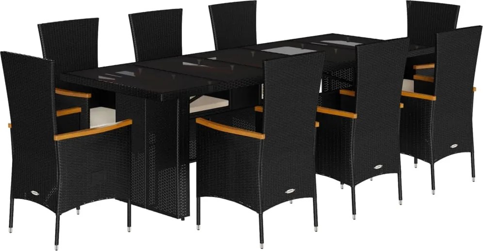 vidaXL 9 részes fekete polyrattan kerti étkezőgarnitúra párnákkal