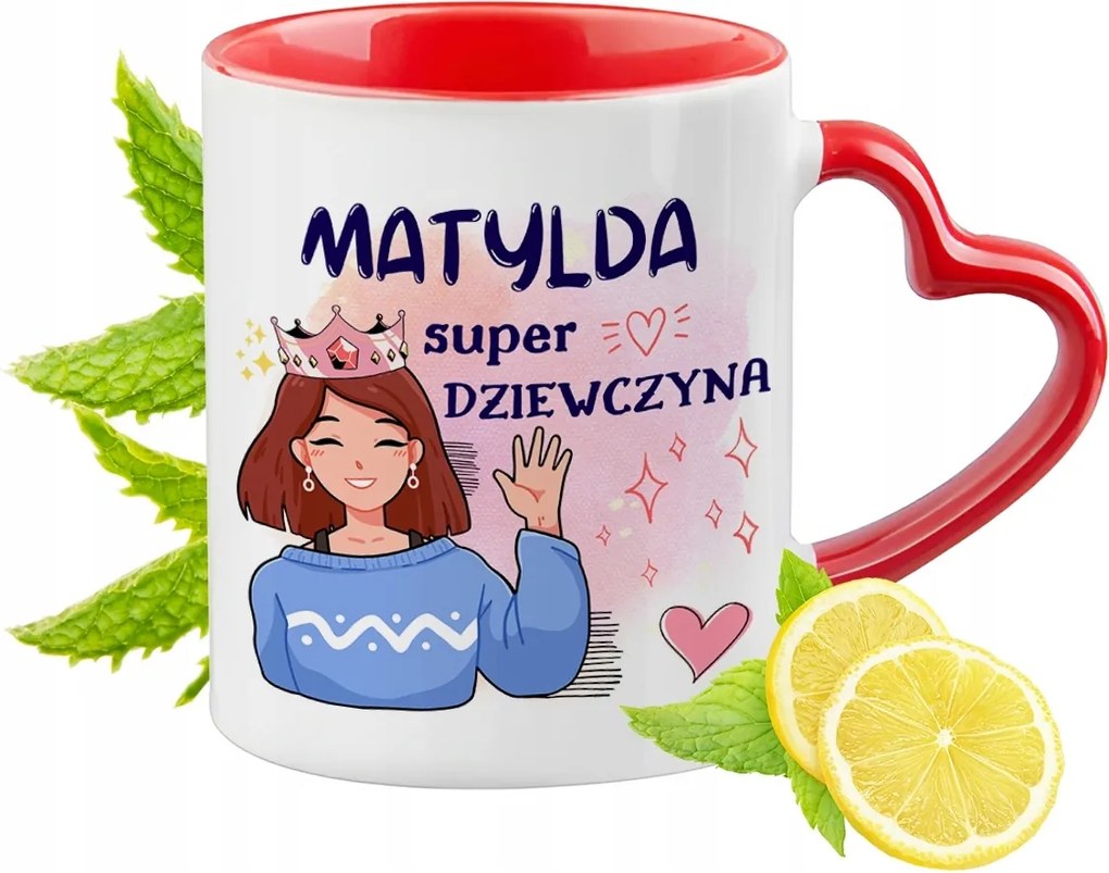 Piros bögre szív alakú füllel Matildának Ajándék
