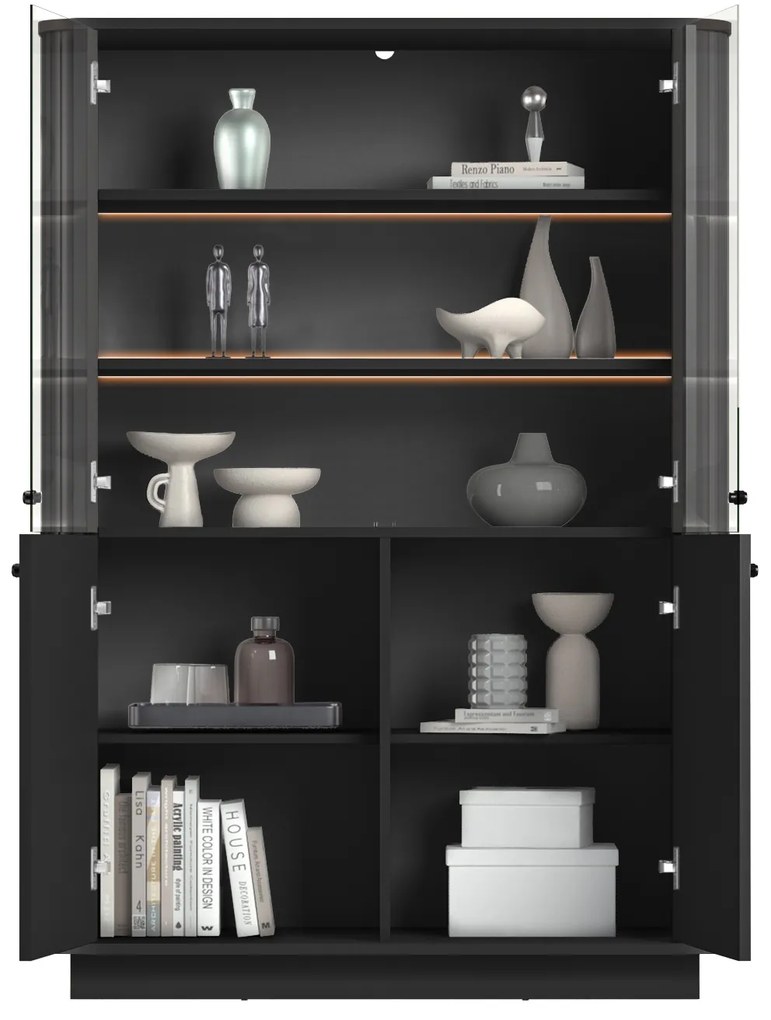 Vesper négyajtós vitrines szekrény 103 cm talapzaton - fekete / fekete fogantyúk