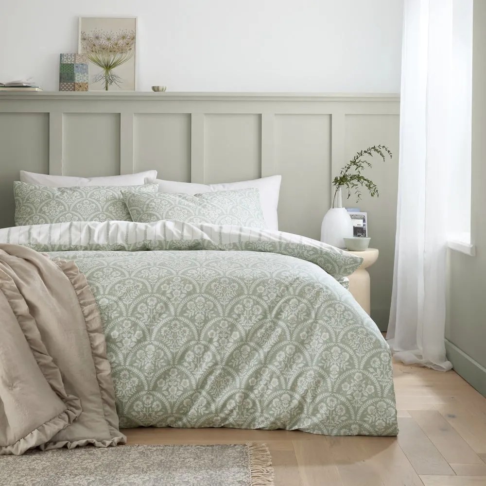 Fehér-zöld egyszemélyes pamut-perkál ágyneműhuzat 135x200 cm Scallop Floral – Bianca
